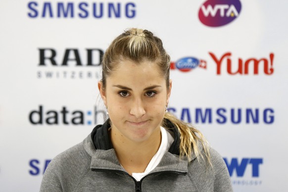 Belinda Bencic of Switzerland reacts during a press conference after losing her first round match against Carina Witthoeft of Germany, at the WTA Ladies Open tennis tournament in Biel, Switzerland, Tu ...