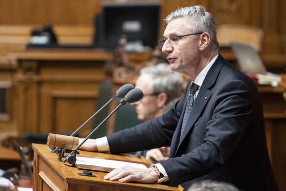 Nationalrat Andreas Glarner, SVP-AG, spricht an der Fruehlingssession der Eidgenoessischen Raete, am Montag, 18. Maerz 2019, in Bern. (KEYSTONE/Peter Schneider)