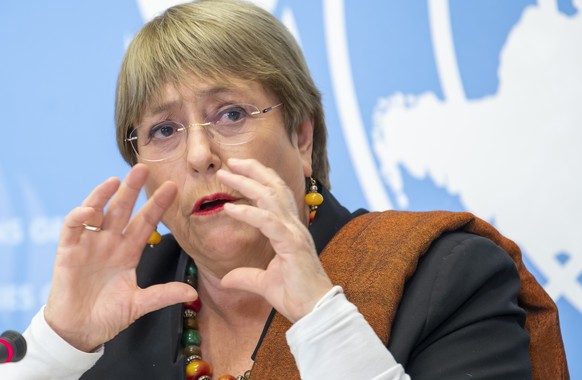 File---File photo shows Michelle Bachelet, UN High Commissioner for Human Rights, speaking to the media about the Tigray, joint investigation into alleged violations of international human rights, hum ...