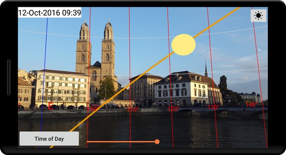 In der Kamera-Ansicht wird der Verlauf der Sonne in der Kamera-App eingeblendet. Über eine Zeitleiste wird die Uhrzeit (und der Tag im Jahr) reguliert.