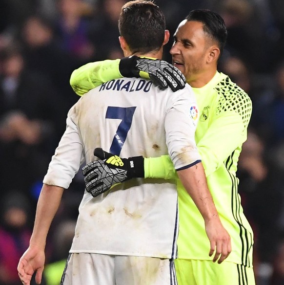 Mandatory Credit: Photo by Bagu Blanco/Bpi/Shutterstock 7542894f Keylor Navas of Real Madrid congratulates Cristiano Ronaldo after finished the Liga match between FC Barcelona, Barca and Real Madrid p ...