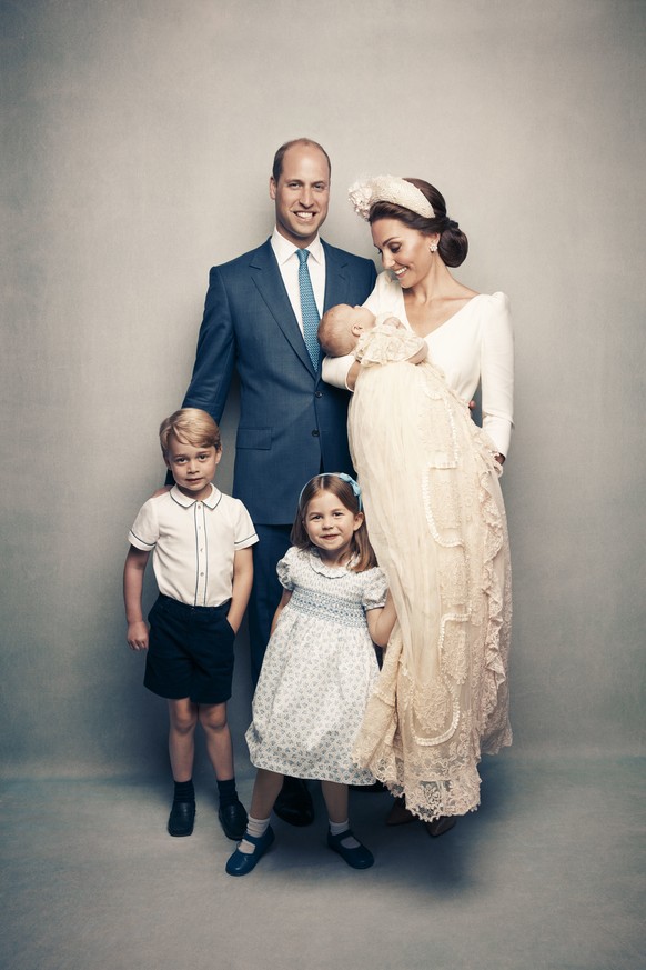 This Monday, July 9, 2018, photo provided by the Duke and Duchess of Cambridge shows an official photograph to mark the christening of Prince Louis at Clarence House, following Prince Louis&#039; bapt ...