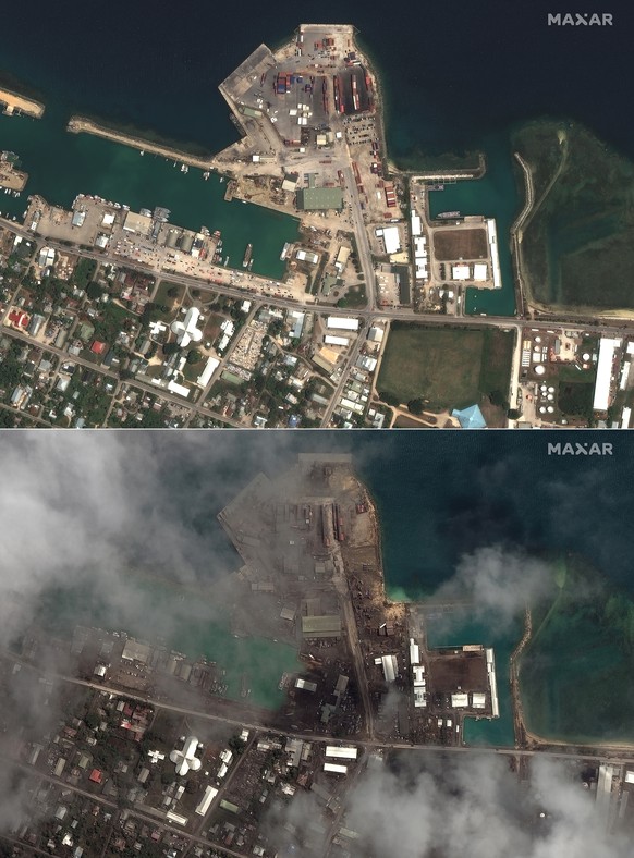 This combination of the satellite images provided by Maxar Technologies shows the main port facilities in Nuku&#039;alofa, Tonga on Dec. 29, 2021, above, and on Jan. 18, 2022. (Satellite image ©2022 M ...