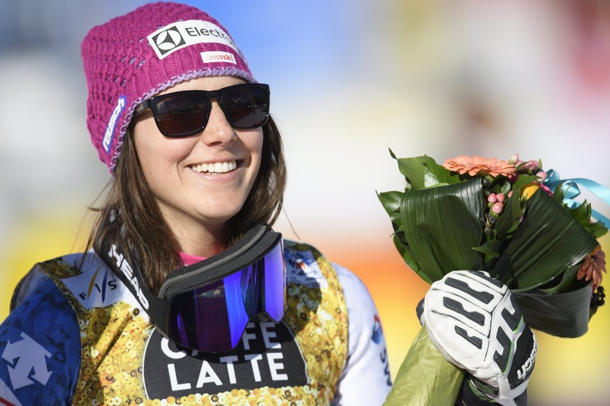 epa05801702 Wendy Holdener of Switzerland reacts during the flower ceremony of the women Slalom at the 2017 FIS Alpine Skiing World Championships in St. Moritz, Switzerland, Saturday, February 18, 201 ...