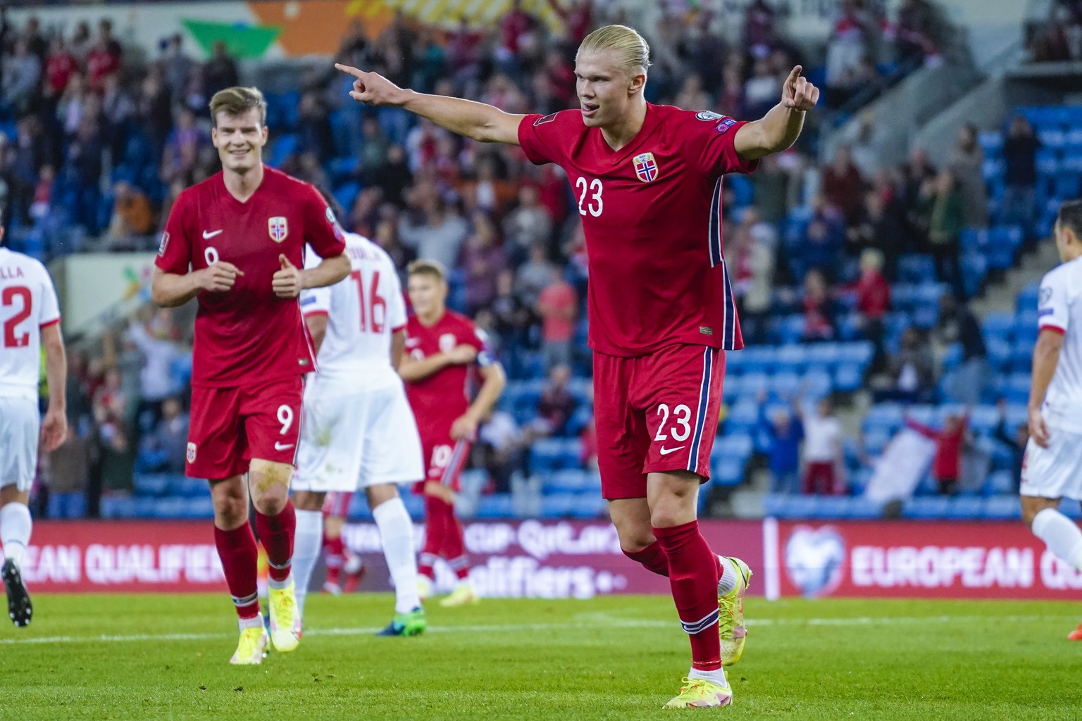 Norway&#039;s Erling Haaland celebrates after scoring his side&#039;s third goal of the game during the World Cup 2022 group G qualifying soccer match between Norway and Gibraltar at Ullevaal Stadium. ...