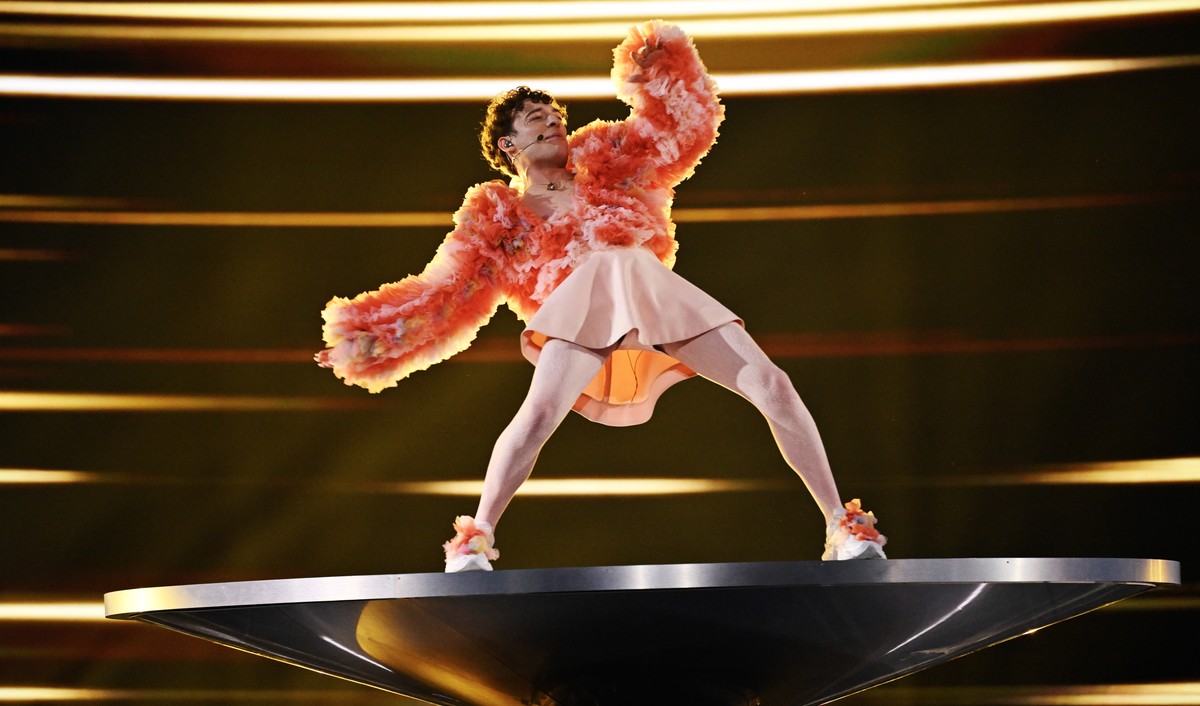epa11329936 Nemo representing Switzerland with the song 'The code' performs during the second semi-final of the 68th edition of the Eurovision Song Contest (ESC) at the Malmo Arena, in Malmo ...
