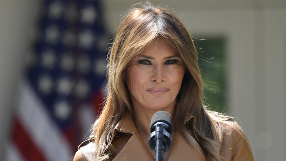 First lady Melania Trump speaks on her initiatives during an event in the Rose Garden of the White House, Monday, May 7, 2018, in Washington. The first lady gave her multipronged effort to promote the ...