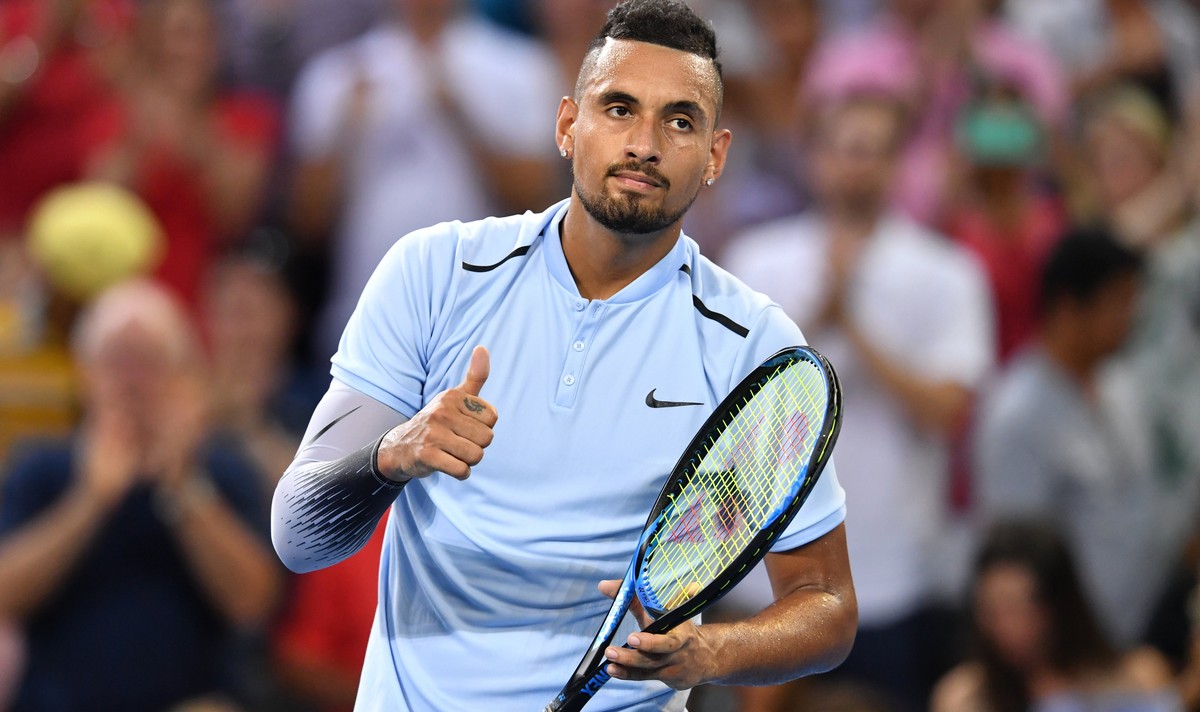 epa06422327 Nick Kyrgios of Australia reacts after defeating Ryan Harrison of USA in the Men's final at the Brisbane International Tennis Tournament in Brisbane, Australia, 07 January 2018. EPA/D ...