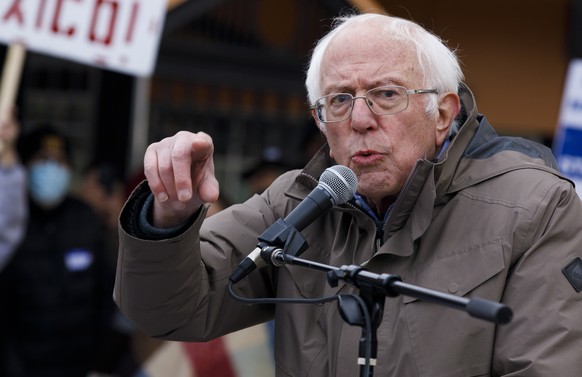 U.S. Sen. Bernie Sanders, I-Vt., speaks at a rally with striking Kellogg workers at Festival Market Square in downtown Battle Creek, Mich., on Friday, Dec. 17, 2021. Kellogg&#039;s reached a new tenta ...