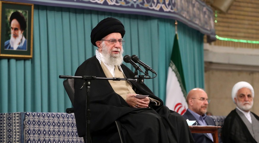 epa10897195 A handout photo made available by the Iranian supreme leader office shows Iranian Supreme Leader Ayatollah Ali Khamenei speaking during a ceremony in Tehran, Iran, 03 October 2023. Khamene ...