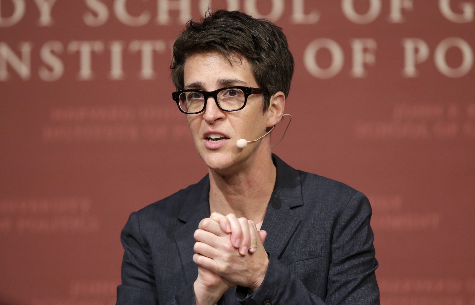 FILE - MSNBC television anchor Rachel Maddow, host of the Rachel Maddow Show, moderates the "Perspectives on National Security" panel on Oct. 16, 2017, in Cambridge, Mass. (AP Photo/Steven S ...