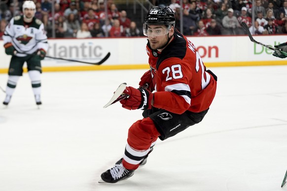New Jersey Devils right wing Timo Meier (28) skates during the second period of an NHL hockey game against the Minnesota Wild, Monday, March 31, 2025, in Newark, N.J. (AP Photo/Julia Demaree Nikhinson ...