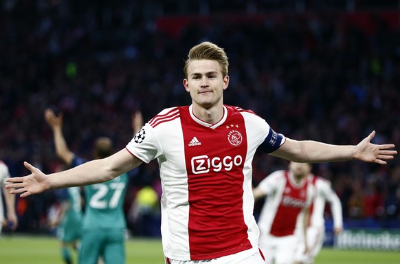 Ajax's Matthijs de Ligt celebrates after scoring the opening goal during the Champions League semifinal second leg soccer match between Ajax and Tottenham Hotspur at the Johan Cruyff ArenA in Amsterda ...
