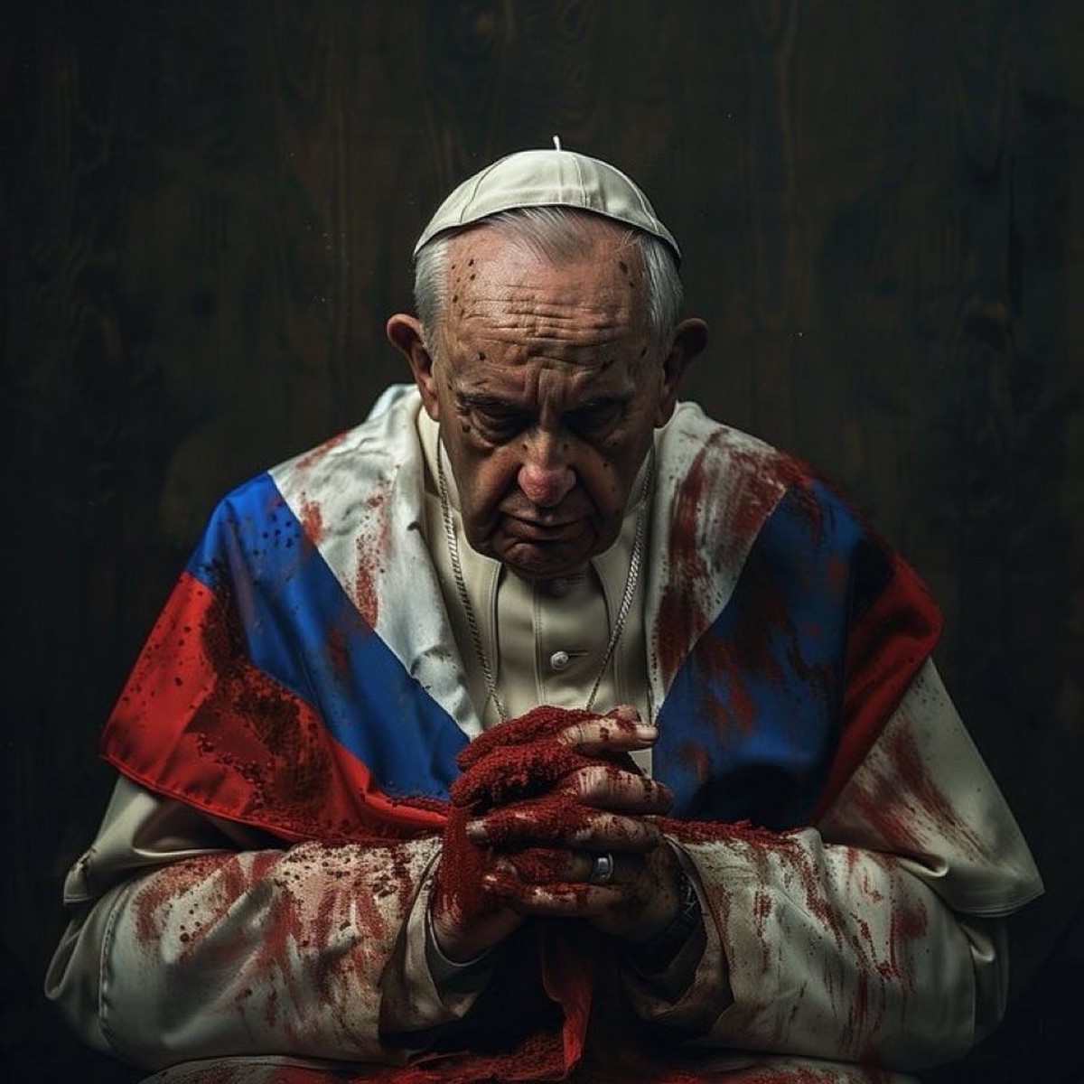 KI-generiertes Bild, das den Papst mit russischer Flagge und Blut an den Händen zeigt.