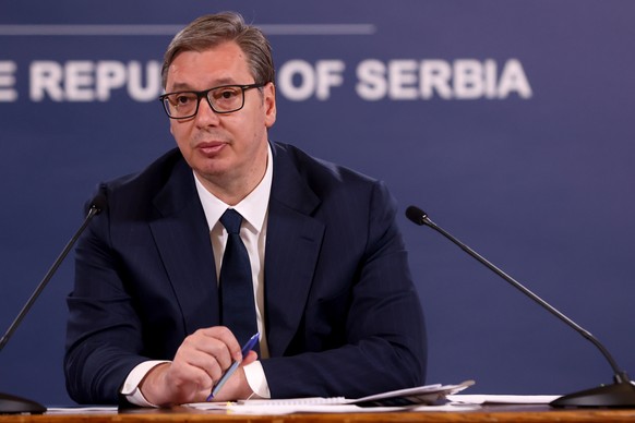 epa10589130 Serbian President Aleksandar Vucic addresses a press conference in Belgrade, Serbia, 24 April 2023. Vucic said that ethnic Serbs made a successful and quiet political uprising, following t ...