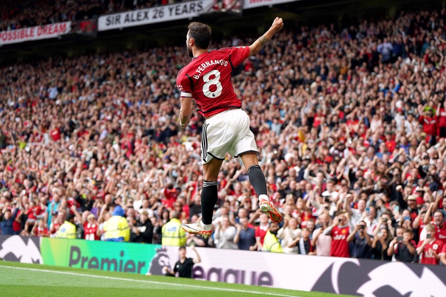 Manchester United, ManU v Nottingham Forest - Premier League - Old Trafford Manchester United s Bruno Fernandes celebrates scoring their side s third goal of the game during the Premier League match a ...