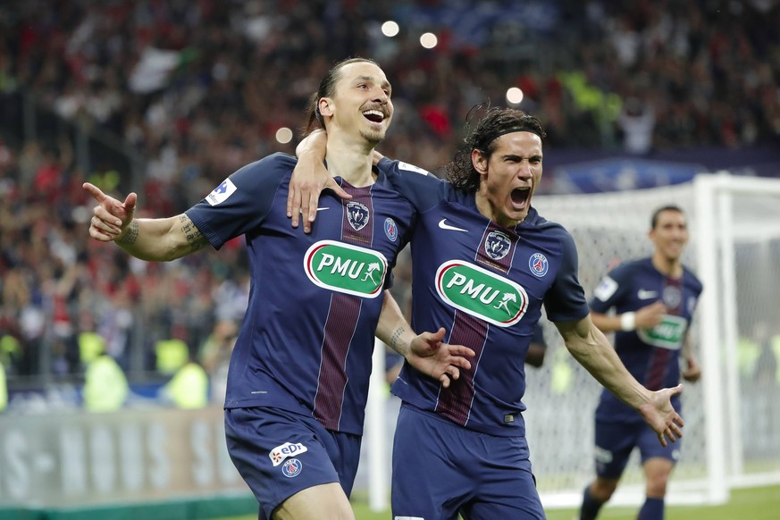 Zlatan Ibrahimovic psg, Edinson Roberto Paulo Cavani Gomez psg El Matador El Botija Florestan, Angel Di Maria psg - Fussball Frankreich, Coupe de France, Finale, Olympique Marseille vs. Paris Saint Ge ...