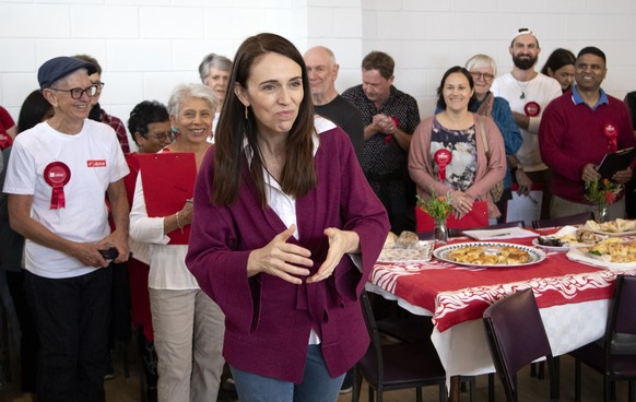 New Zealand Prime Minister Jacinda Ardern gestures as she thanks her electorate workers at an event in Auckland, New Zealand, Saturday, Oct. 17, 2020. New Zealand is holding a general election Saturda ...