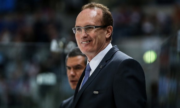 MANNHEIM, GERMANY - APRIL 10: Head coach Larry Huras of Ingolstadt smiles during the DEL Play-offs Final Game 1 between Adler Mannheim and ERC Ingolstadt at SAP Arena on April 10, 2015 in Mannheim, Ge ...