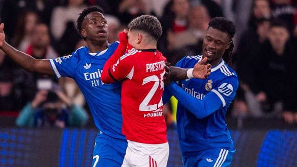 February 17, 2026, Lisbon, Lisboa, Portugal: Gianluca Prestianni of SL Benfica seems with Vinicius Junior of Real Madrid CF during the UEFA Champions League 2025/26 League Knockout Play-off First Leg  ...