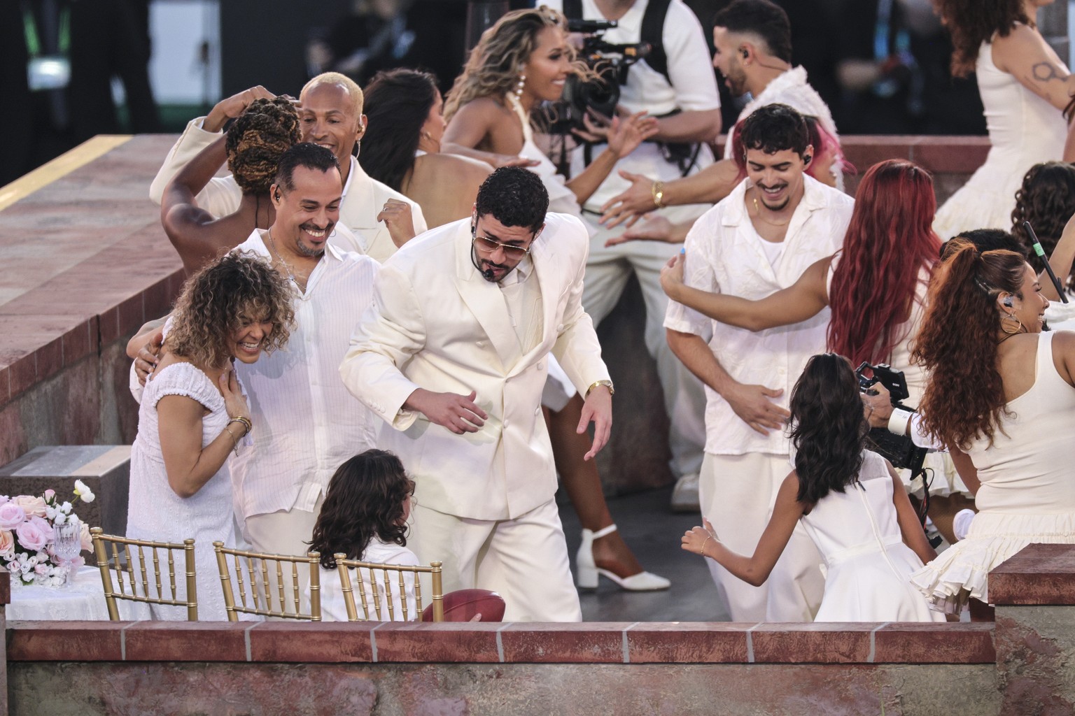 epa12718824 Bad Bunny (C) performs during the Apple Music Super Bowl LX Halftime Show at Levi?s Stadium in Santa Clara, California, 08 February 2026. The New England Patriots are facing the Seattle Se ...