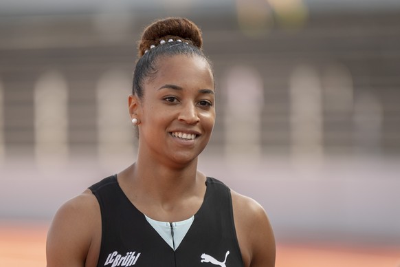 Salome Kora laechelt nach ihrem Vorlauf ueber 100 Meter der Frauen an der Leichtathletik Schweizer Meisterschaft im Stadion Schuetzenmatte in Basel, am Freitag, 23. August 2019. (KEYSTONE/Georgios Kef ...