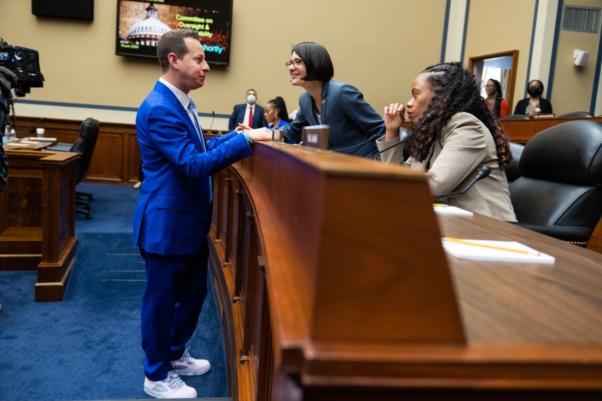 UNITED STATES - MAY 16: From left, Reps. Jared Moskowitz, D-Fla., Becca Balint, D-Vt., and Summer Lee, D-Pa., attend the House Oversight and Accountability Committee hearing titled "Overdue Overs ...