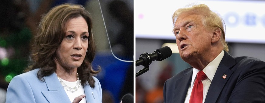 This combination of photos taken at campaign rallies in Atlanta shows Vice President Kamala Harris on July 30, 2024, left, and Republican presidential candidate former President Donald Trump on Aug. 3 ...