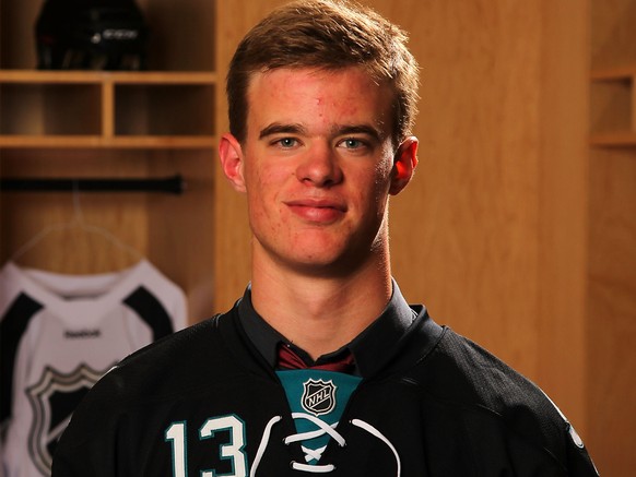 NEWARK, NJ - JUNE 30: Mirco Mueller, 18th overall pick by the San Jose Sharks, poses for a portrait during the 2013 NHL Draft at Prudential Center on June 30, 2013 in Newark, New Jersey. (Photo by Bil ...