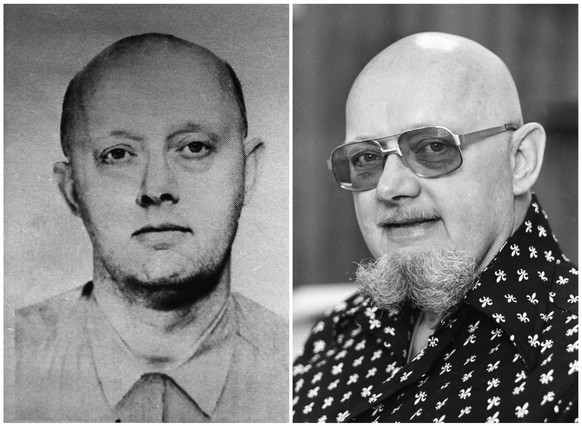 FILE - This photo combination shows an image from a 1960s FBI wanted poster of Benjamin Hoskins Paddock, left, and a 1977 file photo of Paddock, who went by the name Bruce Ericksen, when he was on the ...