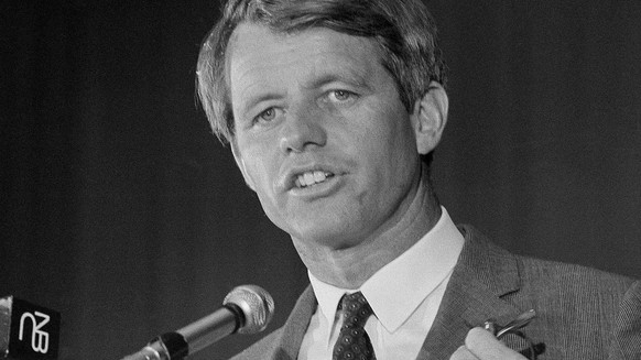 FILE - In this May 9, 1968 file photo, Sen. Robert F. Kennedy speaks to the delegates of the United Auto Workers at a convention hall in Atlantic City, N.J. Prosecutors for the first time are not oppo ...