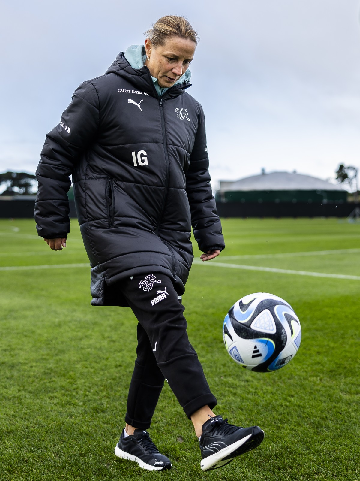 Switzerland's head coach Inka Grings plays a ball on the training ground Tahuna Park in Dunedin, on Wednesday, July 12, 2023. Team Switzerland will be based in Dunedin for the upcoming FIFA Women ...