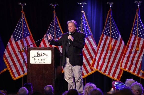 Steve Bannon, the former chief strategist to President Donald Trump, speaks at the Macomb County Republican Party dinner in Warren, Mich., Wednesday, Nov. 8, 2017. The event takes place on the anniver ...