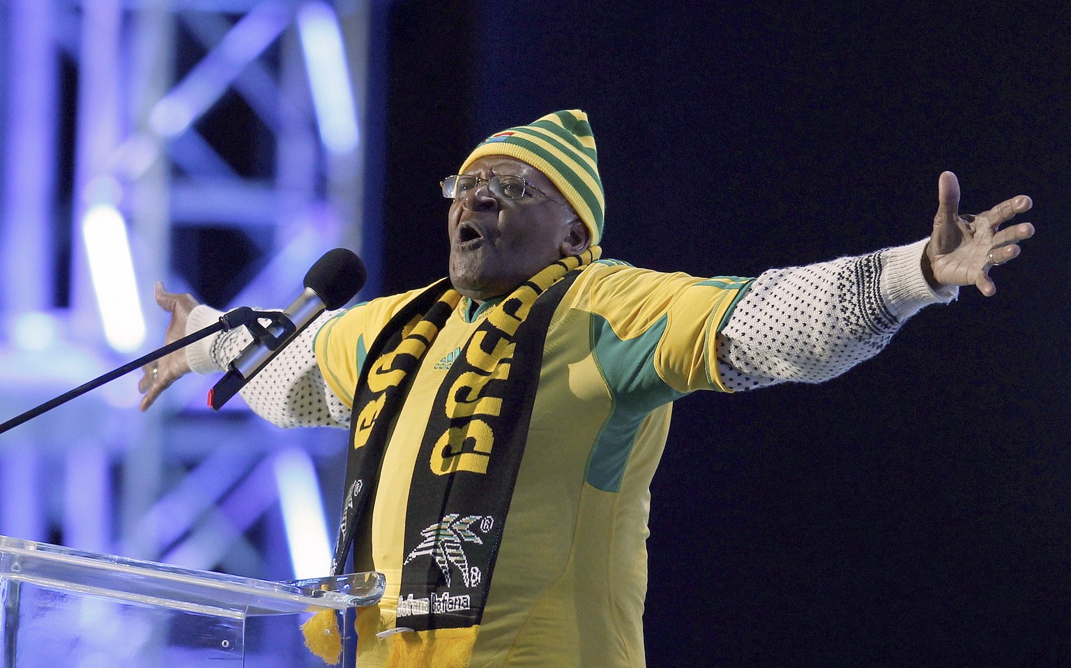 FILE - Retired Anglican Archbishop Desmond Tutu of South Africa gestures during the opening concert for the soccer World Cup at Orlando stadium in Soweto, South Africa, Thursday, June 10, 2010. Tutu,  ...