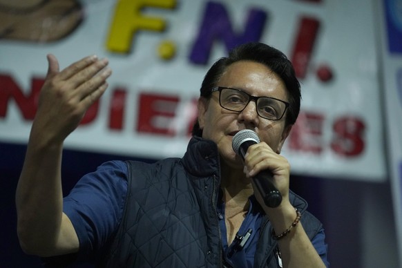 Presidential candidate Fernando Villavicencio speaks during a campaign event at a school minutes before he was shot to death outside the same school in Quito, Ecuador, Wednesday, Aug. 9, 2023 (API via ...