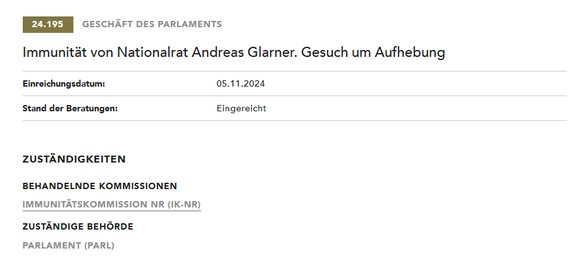 Der Eintrag zum Gesuch um Aufhebung von Glarners Immunität.