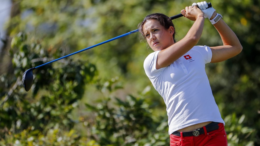 epa05456504 Albane Valenzuela of Switzerland follows her tee shot on the fifth hole during a training session at the Olympic Golf Course at Barra da Tijuca in Rio de Janeiro, Brazil, 05 August 2016. S ...