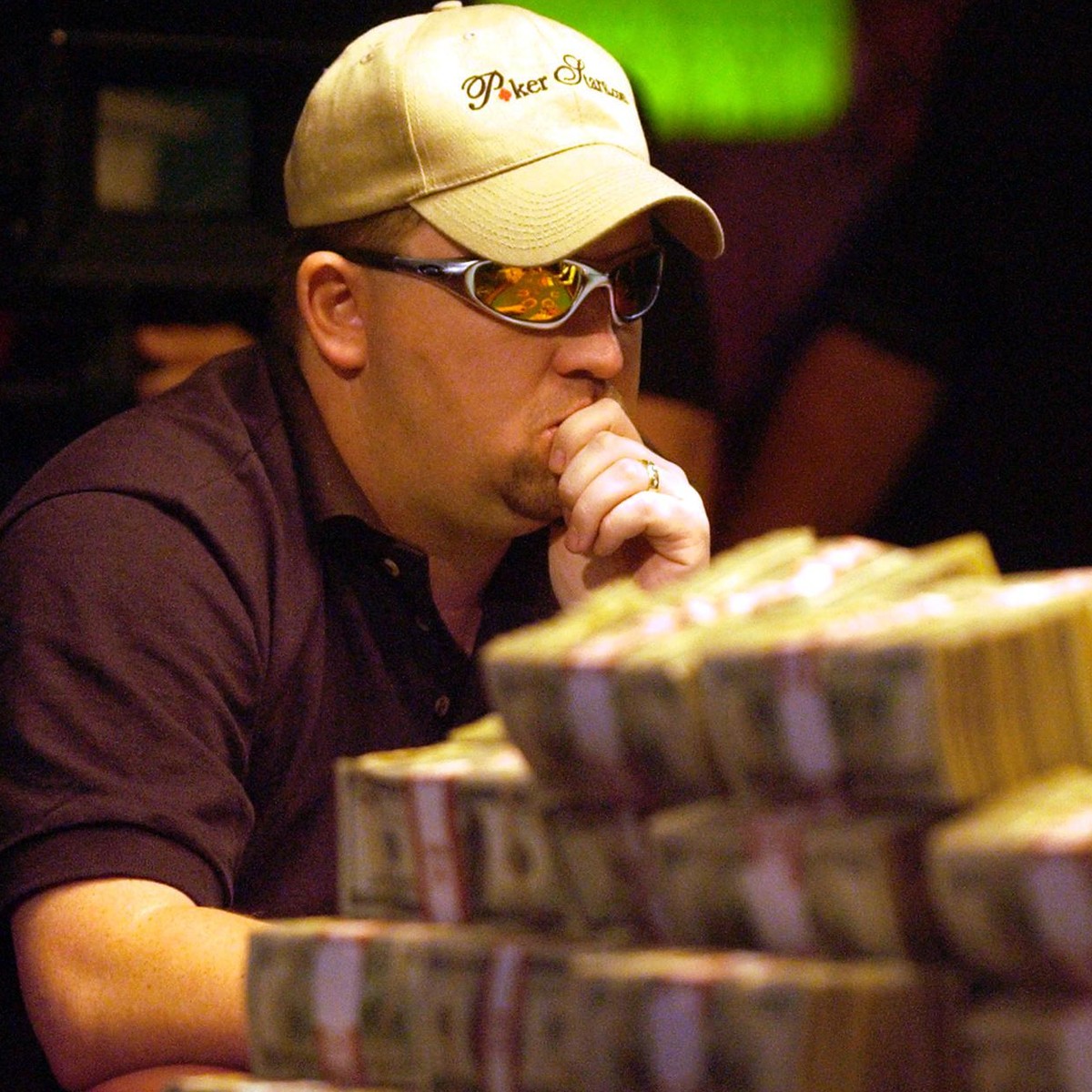 Chris Moneymaker of Spring Hill, Tenn., plays the final hand of the World Series of Poker, May 24, 2003 at the Binion's Horseshoe Casino in Las Vegas. Moneymaker, who won the $2.5 million tournam ...