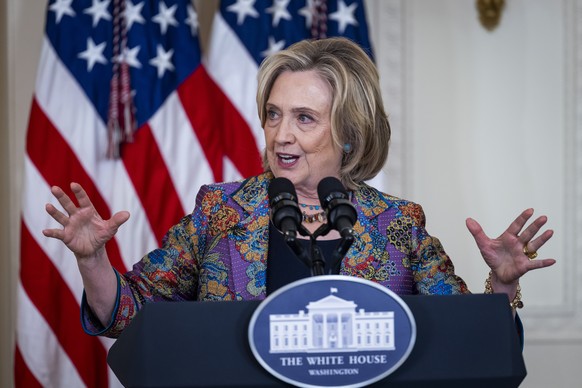 epa10857506 Former Secretary of State Hillary Clinton speaks during the 2023 Praemium Imperiale Laureates Global Arts Prize at the White House in Washington, DC, USA, September 12, 2023. The Praemium I...