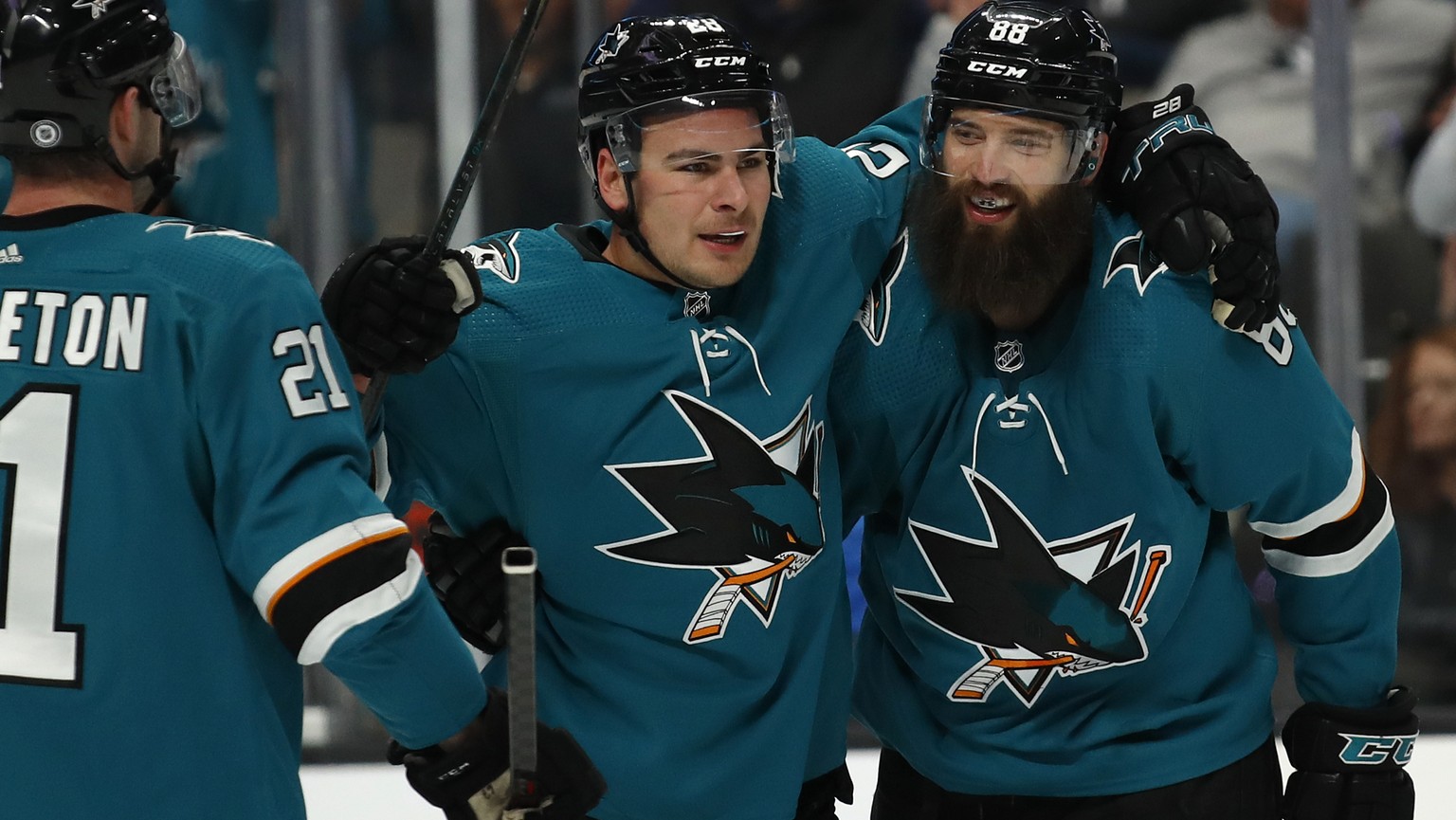 San Jose Sharks right wing Timo Meier (28) celebrates goal with defenseman Brent Burns (88) during the first period of an NHL hockey game against the Los Angeles Kings in San Jose, Calif., Saturday, M ...