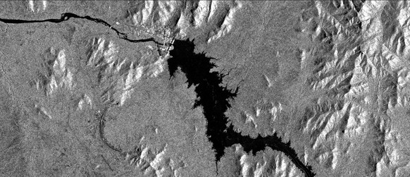 epa08548935 A handout image made available by the European Space Agency (ESA) and acquired by the Sentinel-1 satellite shows a view of the Grand Ethiopian Renaissance Dam (GERD) and the Blue Nile Rive ...