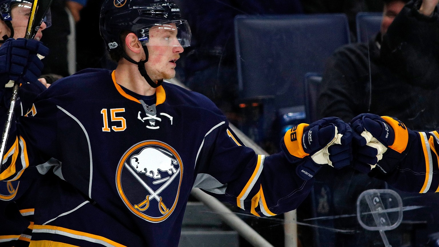 Mar 25, 2017; Buffalo, NY, USA; Buffalo Sabres center Jack Eichel (15) celebrates his goal against the Toronto Maple Leafs during the second period at KeyBank Center. Mandatory Credit: Kevin Hoffman-U ...