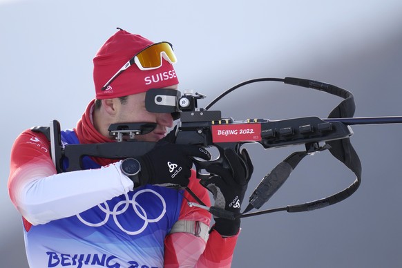 Niklas Hartweg of Switzerland practices during the men&#039;s 10-kilometer sprint competition at the 2022 Winter Olympics, Saturday, Feb. 12, 2022, in Zhangjiakou, China. (AP Photo/Kirsty Wigglesworth ...