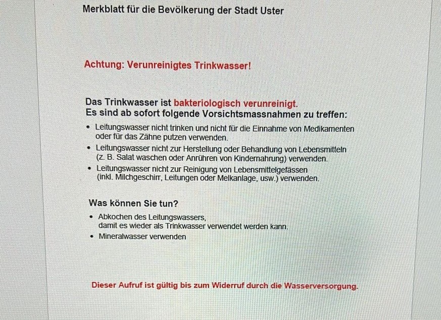 Uster Trinkwasser Leitungswasser verunreinigt