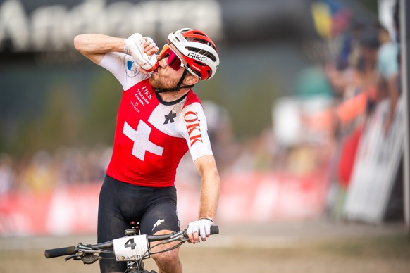 Mathias Flueckiger from Switzerland, action during the UCI Cross Country Men Elite, XCO, Mountain Bike World Championship, on Sunday, September 1, 2024, in Pal Arinsal, Andorra. (KEYSTONE/Maxime Schmi ...