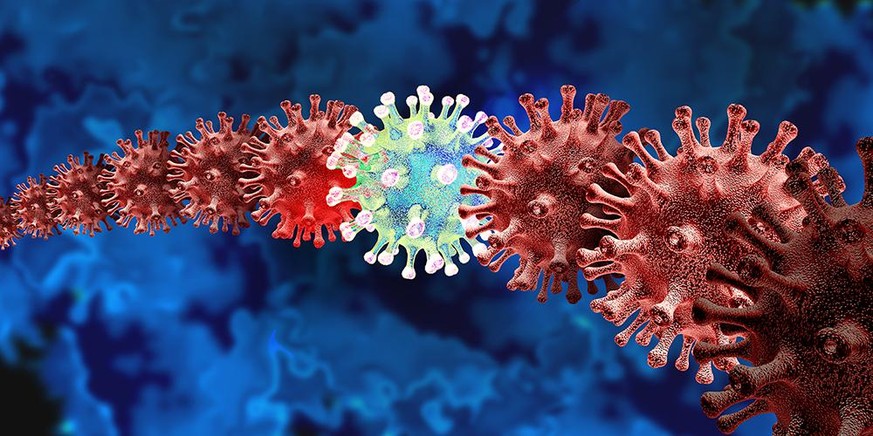 New variant and mutating virus concept and new coronavirus b.1.1.7 outbreak or covid-19 viral cell mutation and influenza flu strain medical health risk with disease cells as a 3D render.
