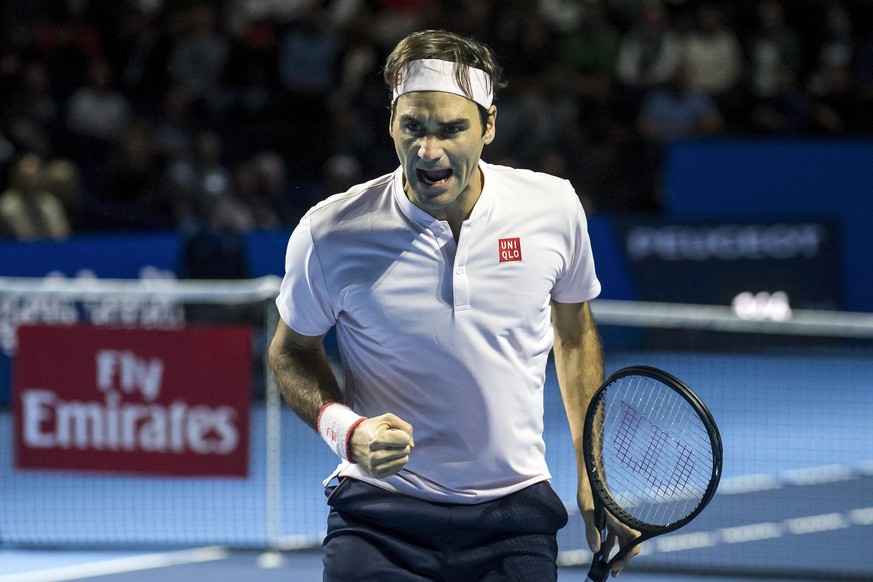 Switzerland&#039;s Roger Federer reacts during his final match against Romania&#039;s Marius Copil at the Swiss Indoors tennis tournament at the St. Jakobshalle in Basel, Switzerland, on Sunday, Octob ...