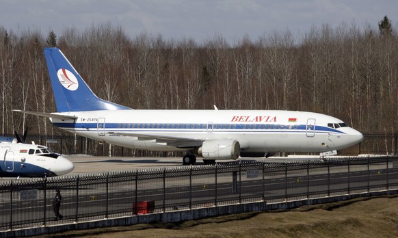 epa09247525 (FILE) A Boeing 737-3Q8 of Belarusian carrier Belavia in parking position on an airfield in the National airport Minsk outside Misnk, Belarus, 26 March 2012 (reissued 04 June 2021). The EU ...