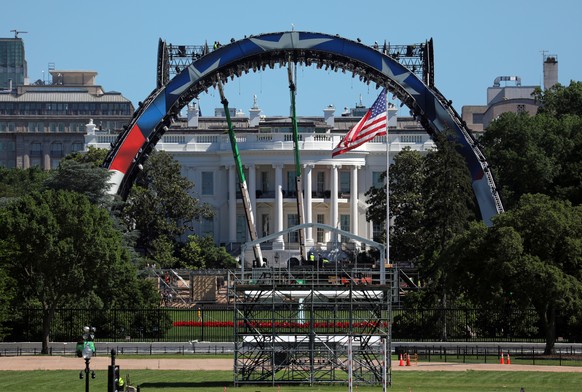 Construction continues at the White House to build a temporary structure for next month's Ultimate Fighting Championship (UFC) fight as part of the America 250 celebrations, seen Friday, May 29,  ...