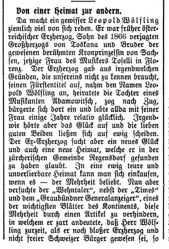 Einige Zeitungen wie der «Graubündner General-Anzeiger» beleuchten Leopolds Suche nach einer neuen Heimat kritisch.
https://www.e-newspaperarchives.ch/?a=d&amp;d=GRGA19080926-01.2.7&amp;srpos=1&amp;e= ...